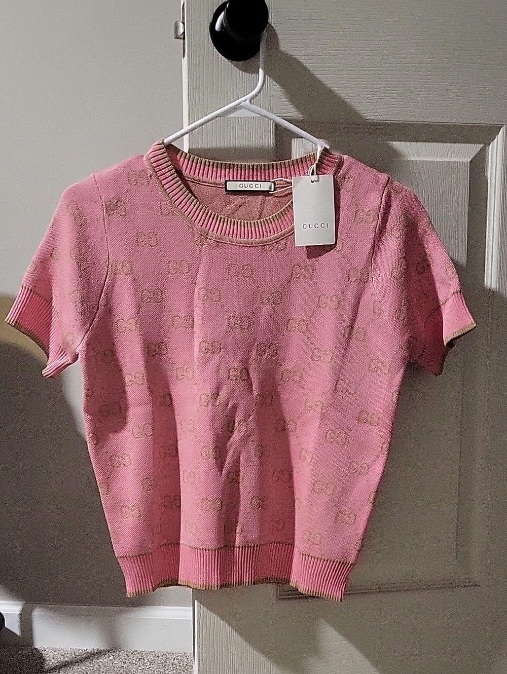 Gucci Pink Short-Sleeve Monogram Sweater
